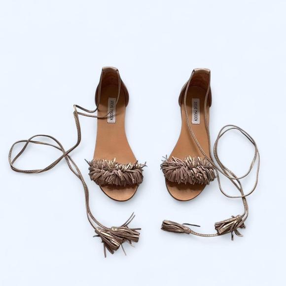 Steve Madden Sweety gold beige fringe lace up sandals Size US 7.5 - Picture 2 of 6